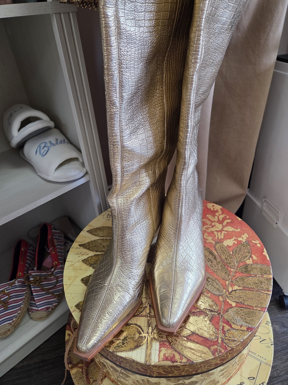 Camila Coelho Metallic Gold Knee-High Heeled Boots - Picture 2 of 6